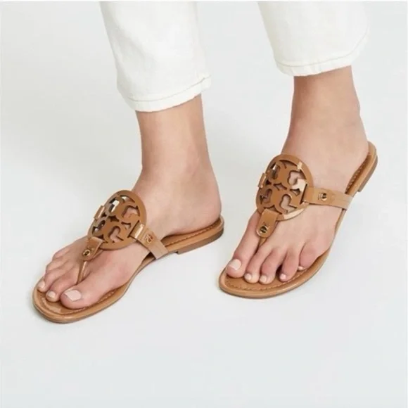 Tory Burch Miller Sandal Thong Patent Calf Leather Sandals Tan - Picture 10 of 11